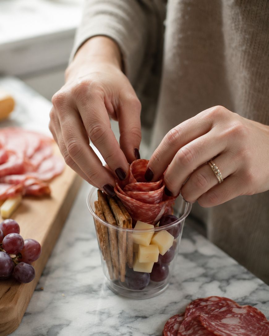 A person arranges slices of salami, cheese cubes, crackers, and grapes in a clear plastic cup on a marble countertop. A charcuterie board with more meat and grapes is in the background.