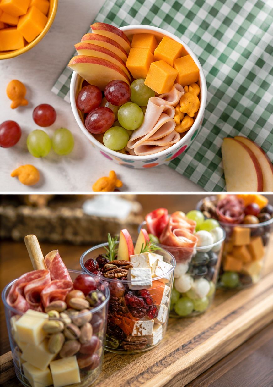 Top: A bowl with apple slices, cheese cubes, turkey slices, red and green grapes, and goldfish crackers. Bottom: Four clear cups filled with meats, cheeses, nuts, fruits, and garnishes on a wooden tray.