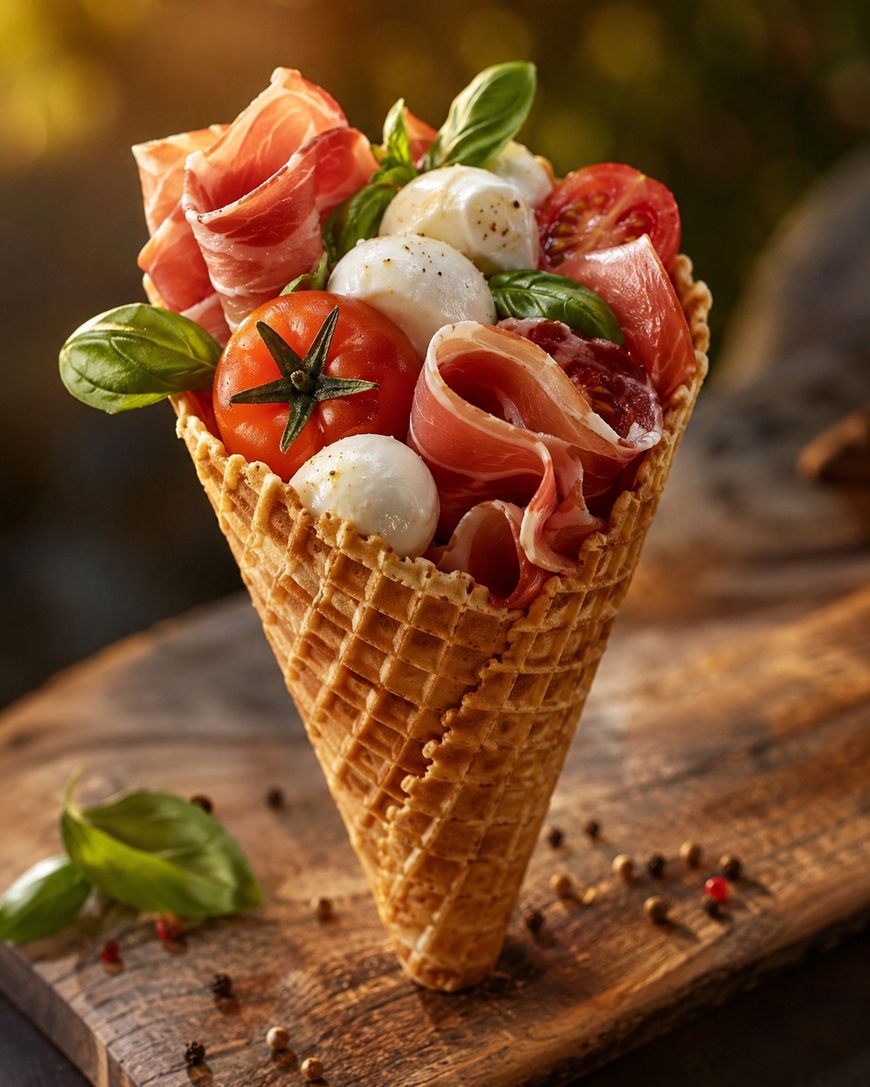 A waffle cone filled with cherry tomatoes, mozzarella balls, basil leaves, and folds of prosciutto sits on a wooden surface, surrounded by scattered peppercorns and basil leaves.