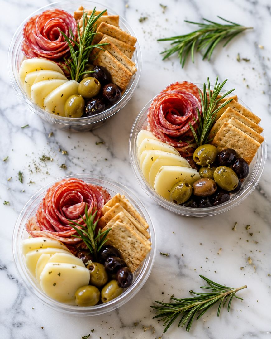 Three small clear cups on a marble surface, each filled with slices of cheese, salami arranged in a rose shape, crackers, green and black olives, and garnished with a sprig of rosemary.