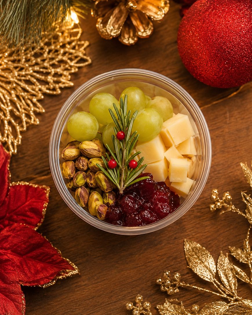 A clear cup with green grapes, cubed cheese, pistachios, cranberry sauce, and a rosemary sprig, surrounded by festive Christmas decorations on a wooden surface.