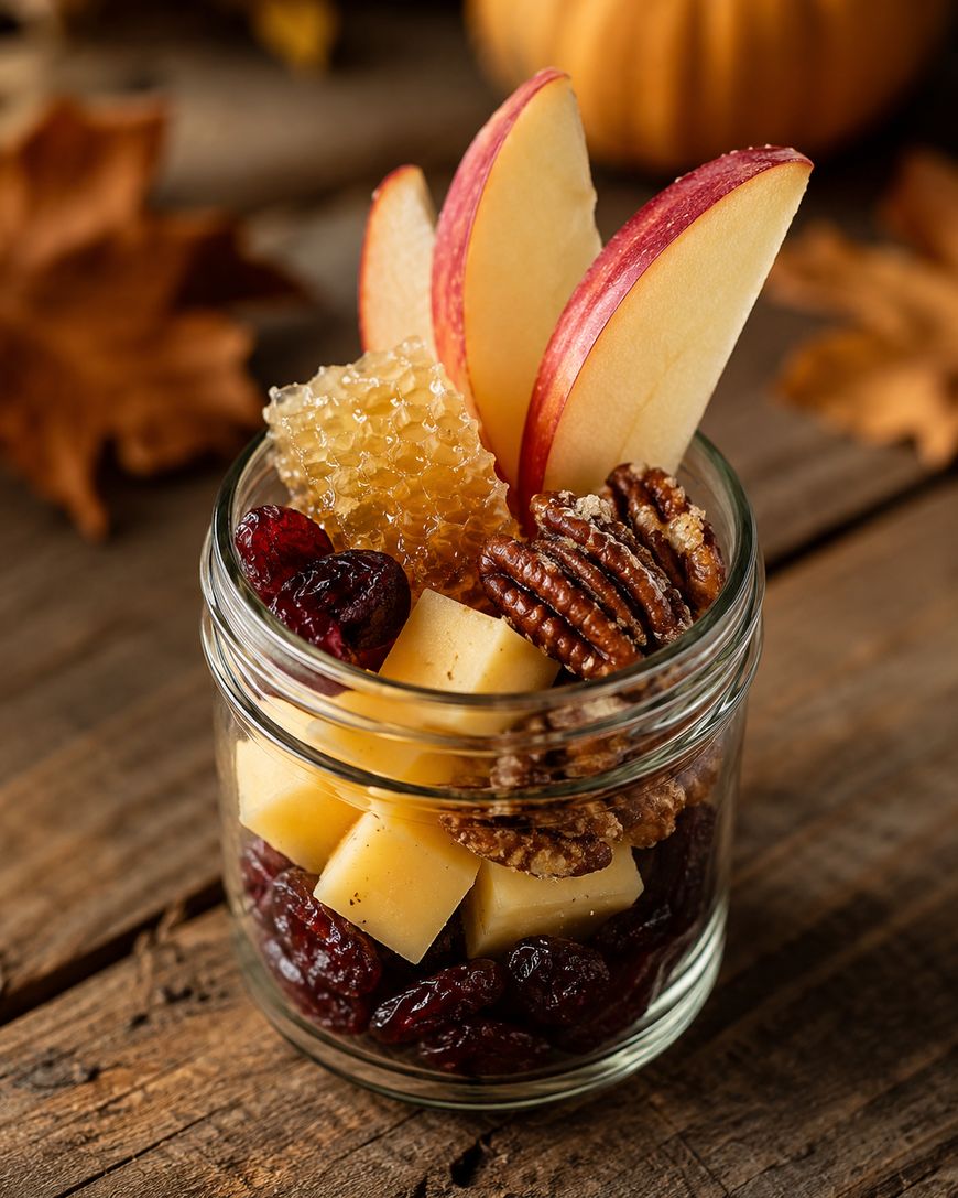 A small glass jar filled with apple slices, honeycomb, pecans, cheese cubes, and dried cranberries, set on a rustic wooden table with autumn leaves and a pumpkin in the background.