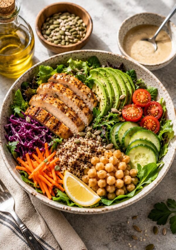 A colorful salad bowl with sliced grilled chicken, avocado, cherry tomatoes, cucumber, shredded carrots, red cabbage, chickpeas, quinoa, pumpkin seeds, and a lemon wedge—topped with chia seeds for added health benefits—plus dressing and olive oil on the side.