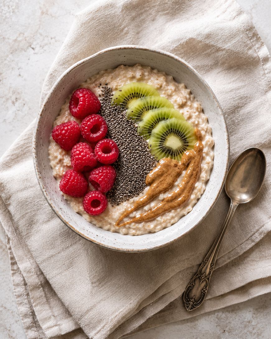 A bowl of oatmeal topped with fresh raspberries, kiwi slices, chia seeds, and a swirl of almond butter, placed on a beige cloth napkin with a vintage spoon beside it.
