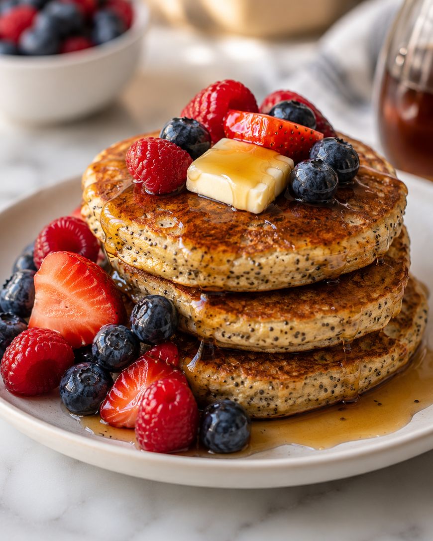 Three poppy seed pancakes stacked on a plate, topped with butter, fresh strawberries, raspberries, and blueberries, and drizzled with maple syrup. A bowl of berries and syrup are in the background.