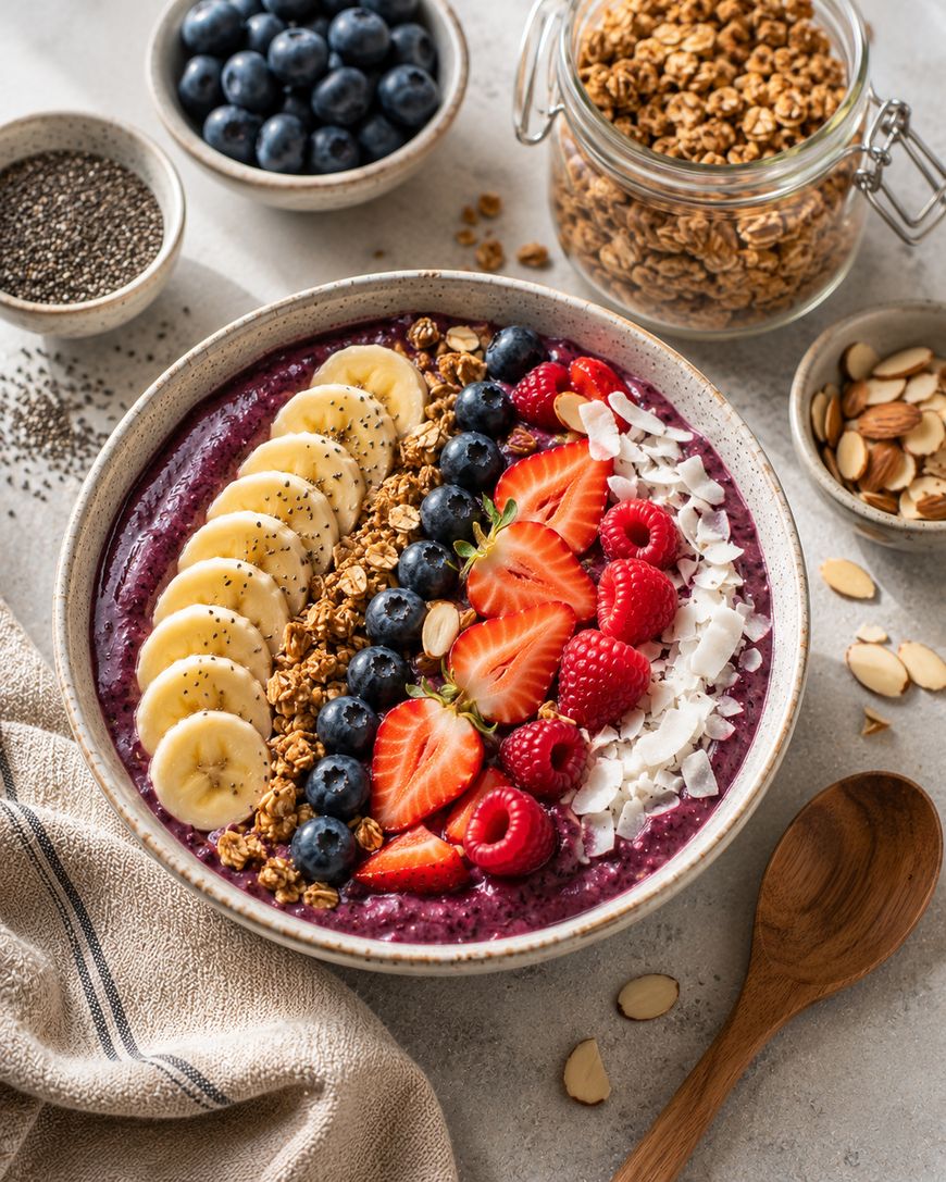 A smoothie bowl topped with sliced bananas, granola, blueberries, strawberries, raspberries, chia seeds, and coconut flakes. Surrounding the bowl are a spoon, granola, chia seeds, almonds, and a bowl of blueberries.