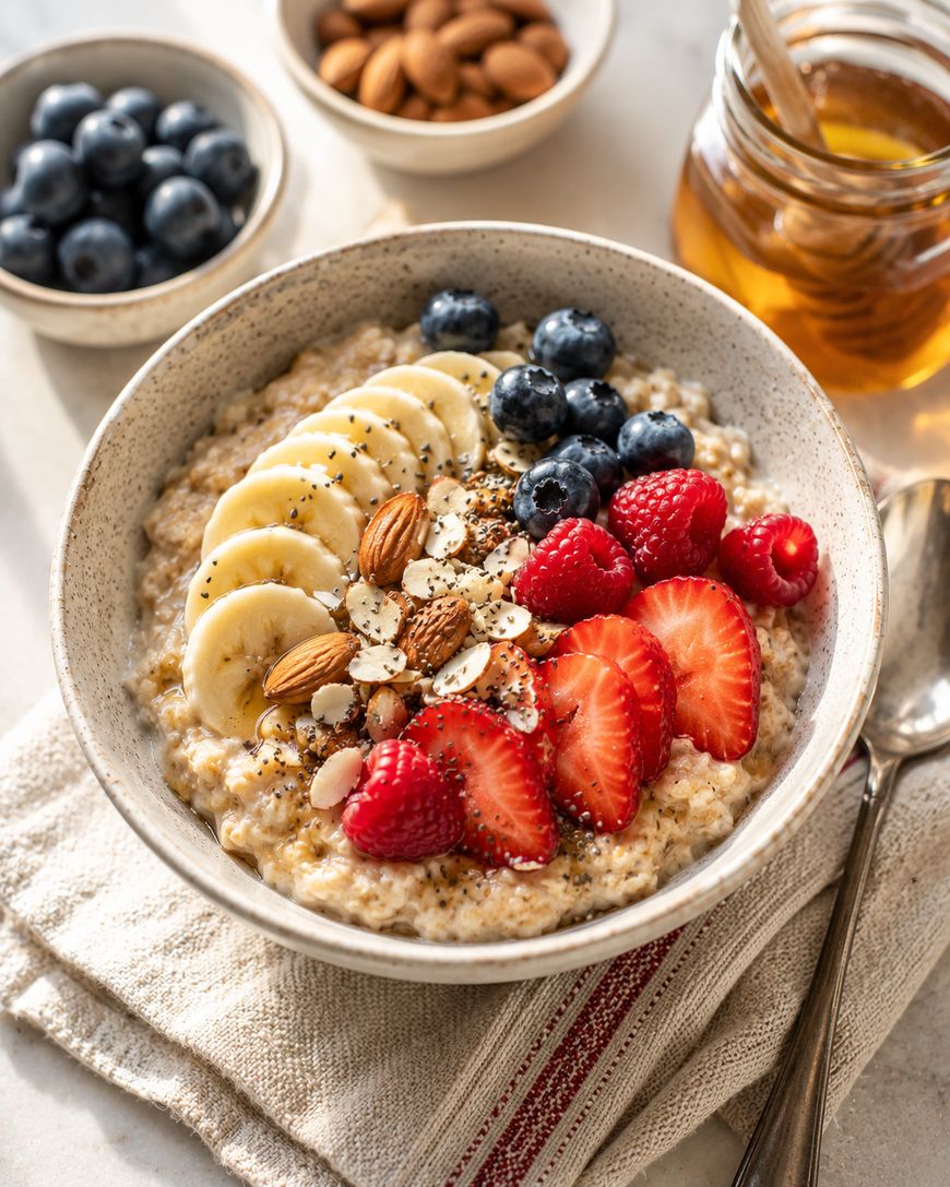 A bowl of oatmeal topped with sliced banana, strawberries, raspberries, blueberries, almonds, and chia seeds. Nearby are a jar of honey with a dipper, a bowl of almonds, and a bowl of blueberries.