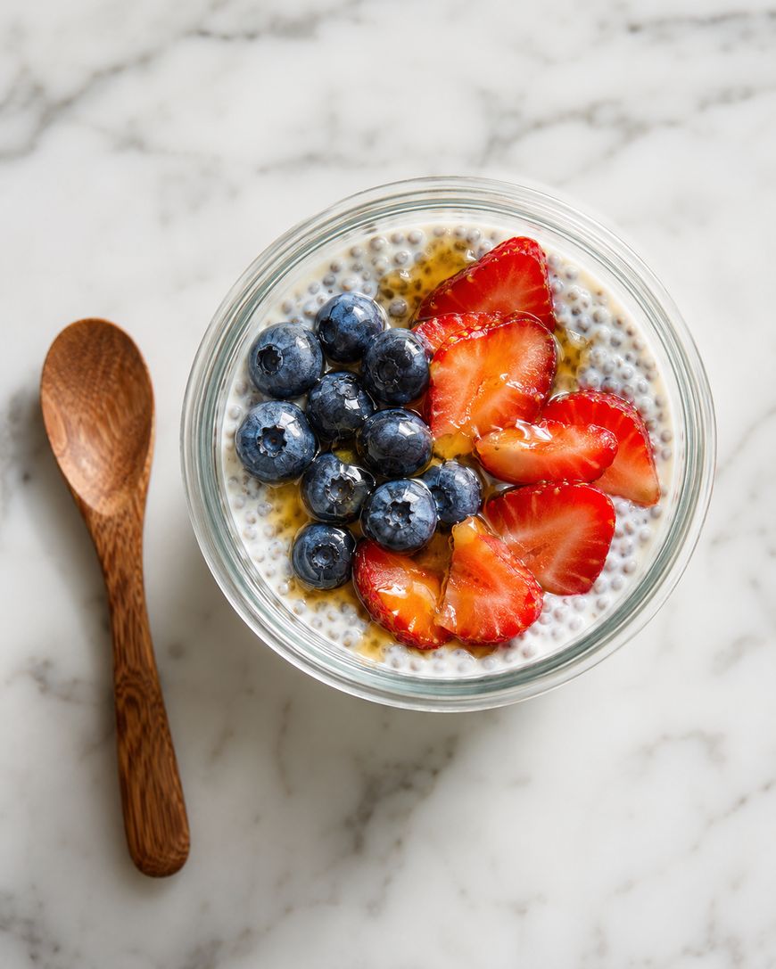 A glass bowl of chia pudding topped with fresh blueberries and sliced strawberries, drizzled with syrup, sits on a marble surface next to a wooden spoon.