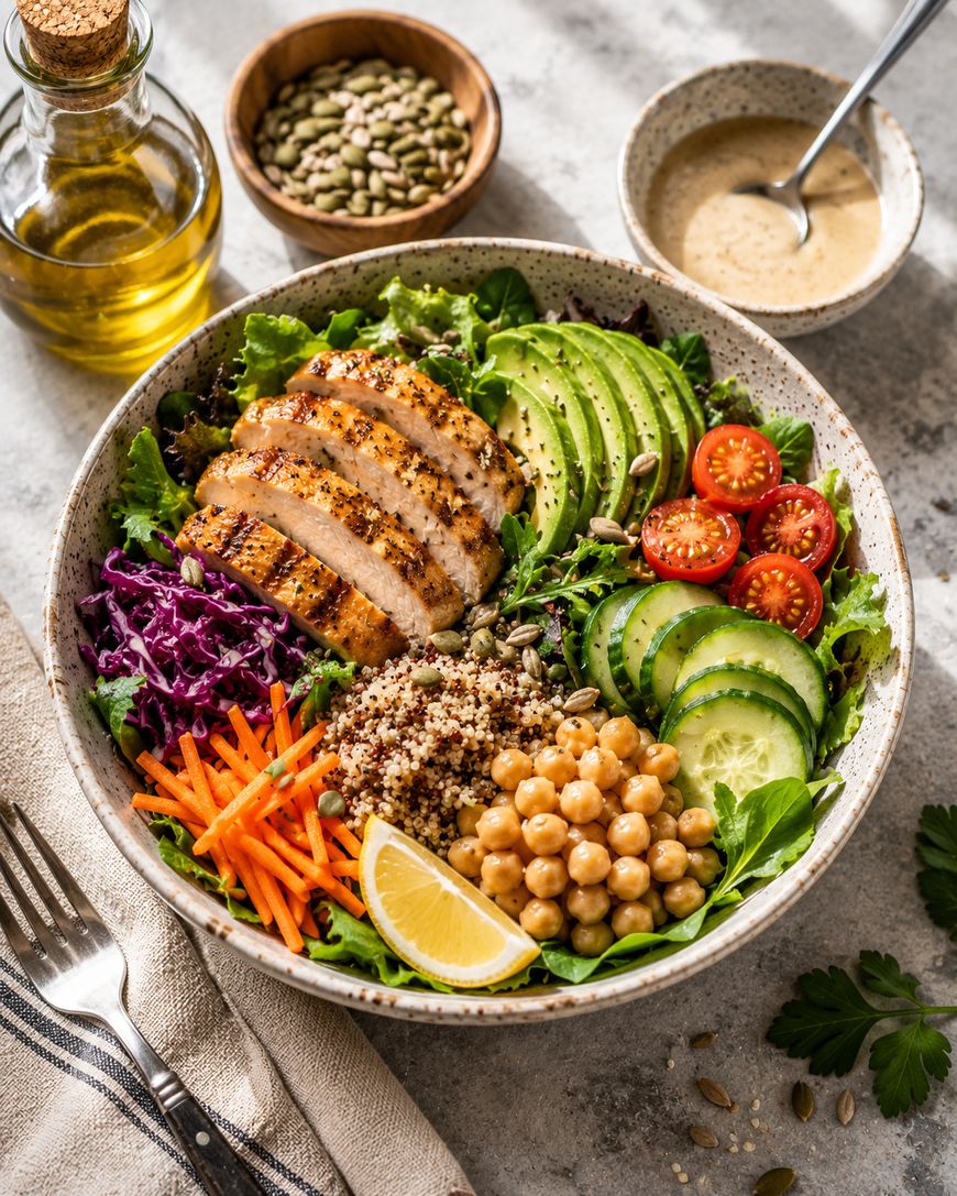 A colorful salad bowl with grilled chicken slices, avocado, cherry tomatoes, cucumber, shredded carrot, purple cabbage, chickpeas, quinoa, greens, and a lemon wedge, surrounded by dressing, olive oil, and seeds.