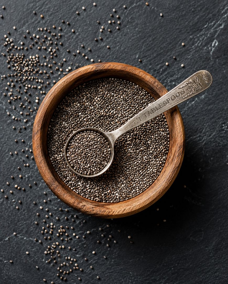 A wooden bowl filled with chia seeds sits on a dark surface, with a metal tablespoon partially submerged in the seeds. Some chia seeds are scattered around the bowl.