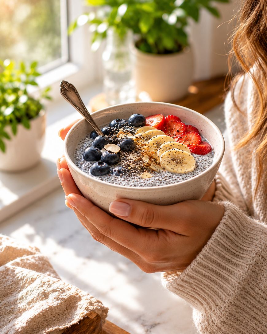 A person holding a bowl of chia pudding topped with sliced banana, strawberries, blueberries, chia seeds, and nuts, with a spoon, near a sunlit window and potted plants.