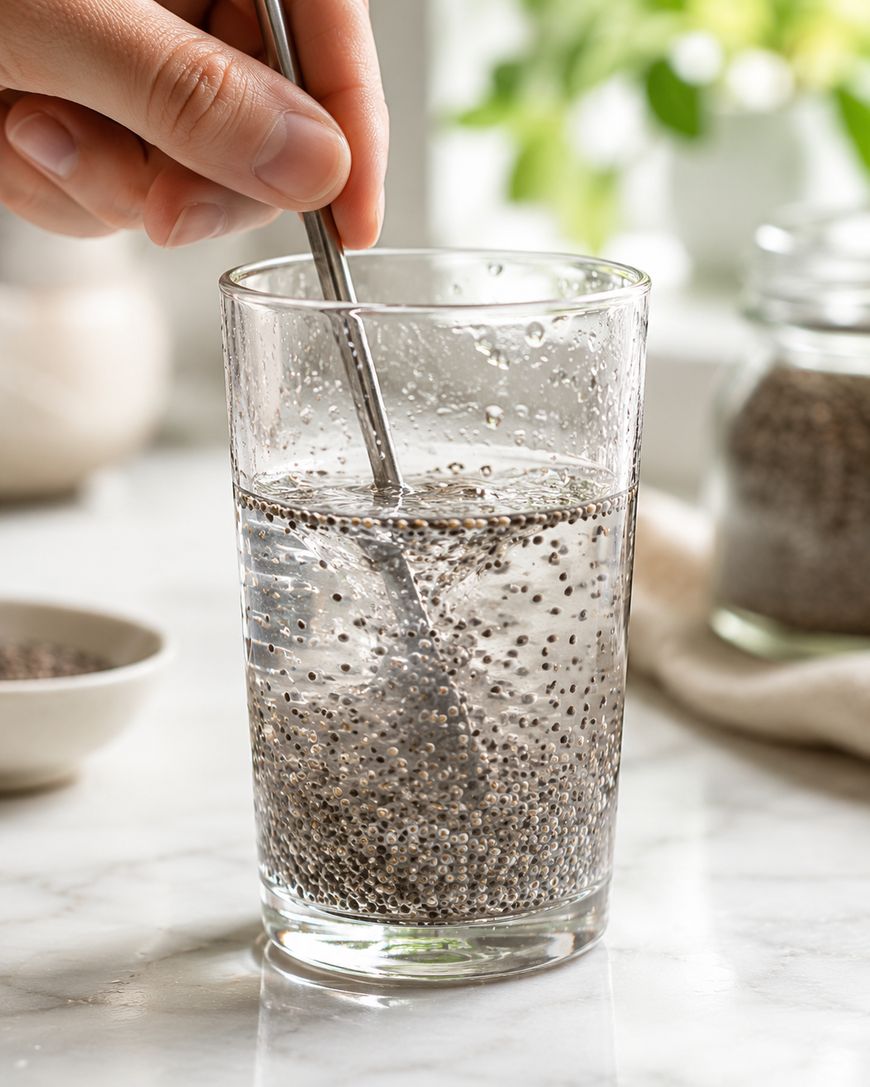 A hand stirs a glass of water with chia seeds using a metal spoon on a bright countertop, with a blurred bowl and jar of chia seeds in the background.