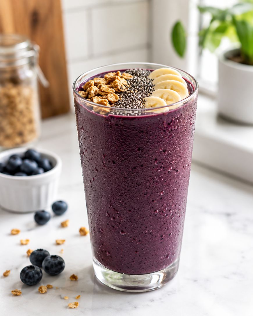 A tall glass filled with a thick, purple smoothie is topped with banana slices, granola, and chia seeds. The glass sits on a marble countertop near fresh blueberries, a jar of granola, and a potted plant by a window.