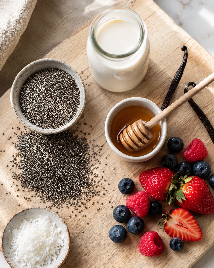A wooden board with chia seeds, a jar of milk, a bowl of honey with a dipper, shredded coconut, fresh strawberries, raspberries, blueberries, and two vanilla pods arranged neatly.