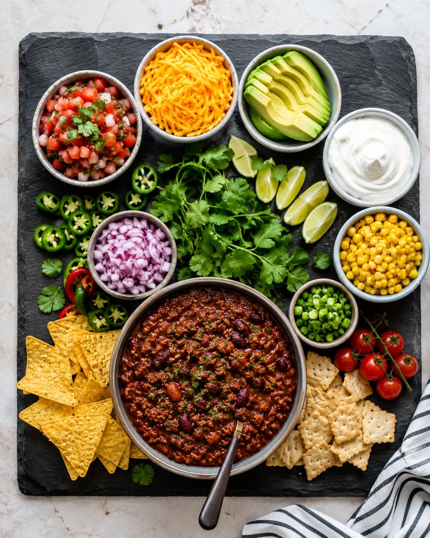 A bowl of chili with a spoon, surrounded by toppings including shredded cheese, avocado slices, sour cream, pico de gallo, jalapeños, chopped red onion, cilantro, lime wedges, corn, peas, grape tomatoes, tortilla chips, and crackers.