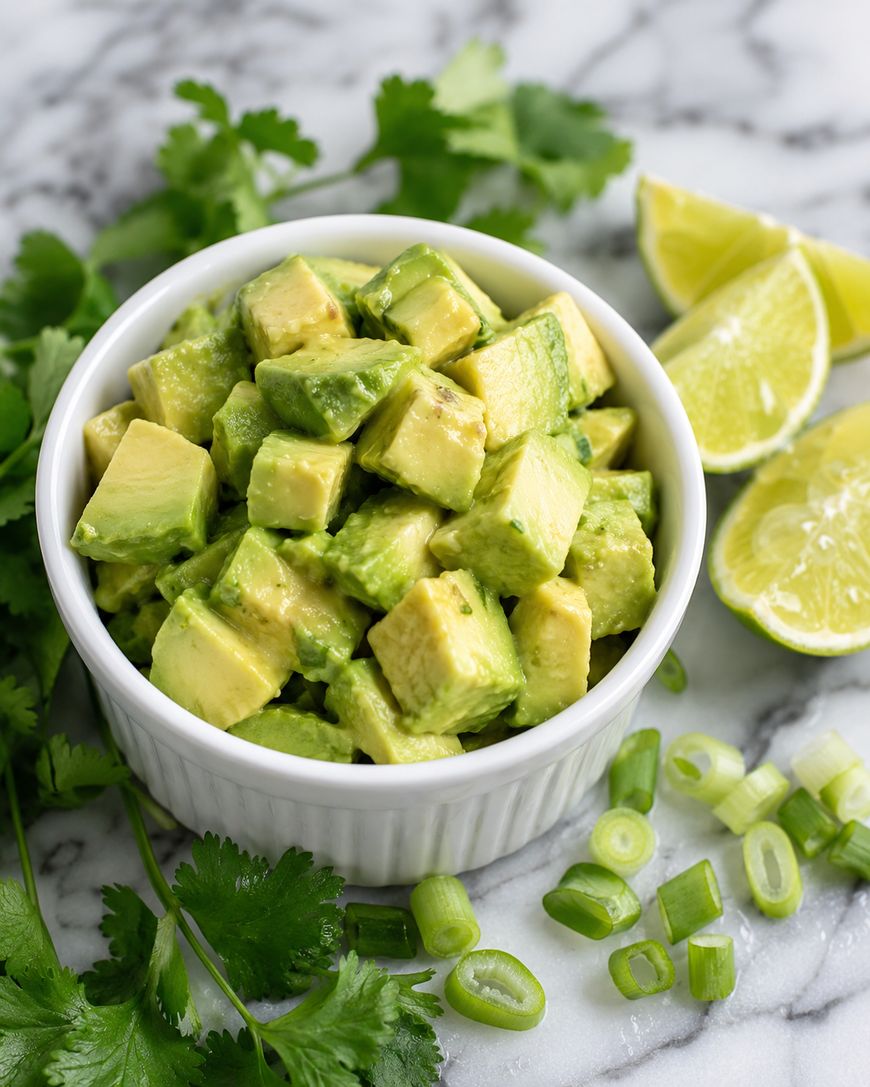 A small white bowl filled with cubed avocado on a marble surface, surrounded by cilantro leaves, chopped green onions, and lime wedges.