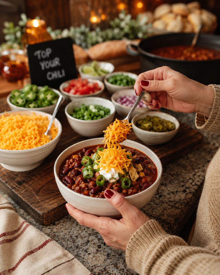 A person tops a bowl of chili with shredded cheese; several bowls of toppings like diced tomatoes, green onions, jalapeños, and guacamole are arranged on a countertop nearby.