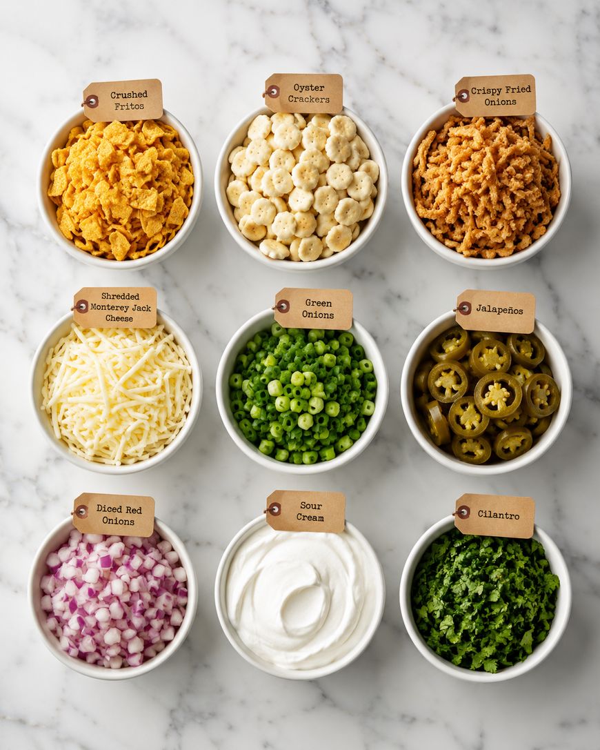 Nine bowls on a marble surface, each containing a different food topping: crushed Fritos, oyster crackers, crispy fried onions, shredded Monterey Jack cheese, green onions, jalapeños, diced red onions, sour cream, and chopped cilantro.