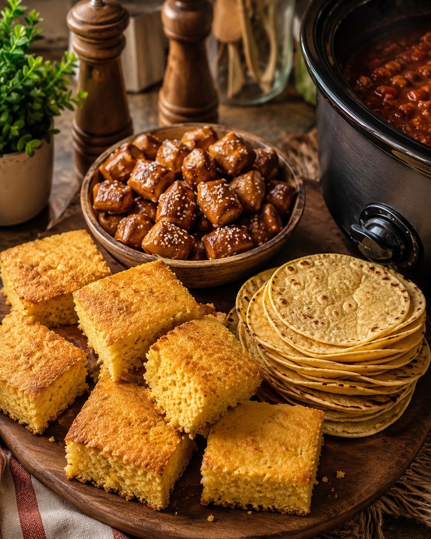 A wooden platter with slices of cornbread, a stack of tortillas, a bowl of pretzel bites, and a slow cooker filled with chili. Salt and pepper shakers and a small potted plant are in the background.