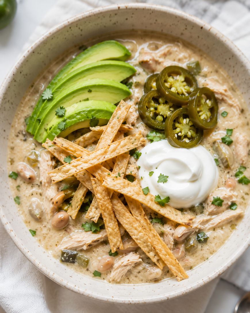 A bowl of white chicken chili topped with sliced avocado, jalapeños, tortilla strips, a dollop of sour cream, and chopped cilantro. The dish contains shredded chicken, white beans, and green peppers.