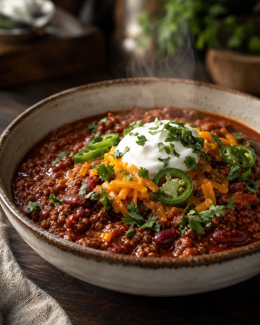 A bowl of chili topped with shredded cheddar cheese, sliced jalapeños, chopped cilantro, and a dollop of sour cream, with steam rising from the hot dish.