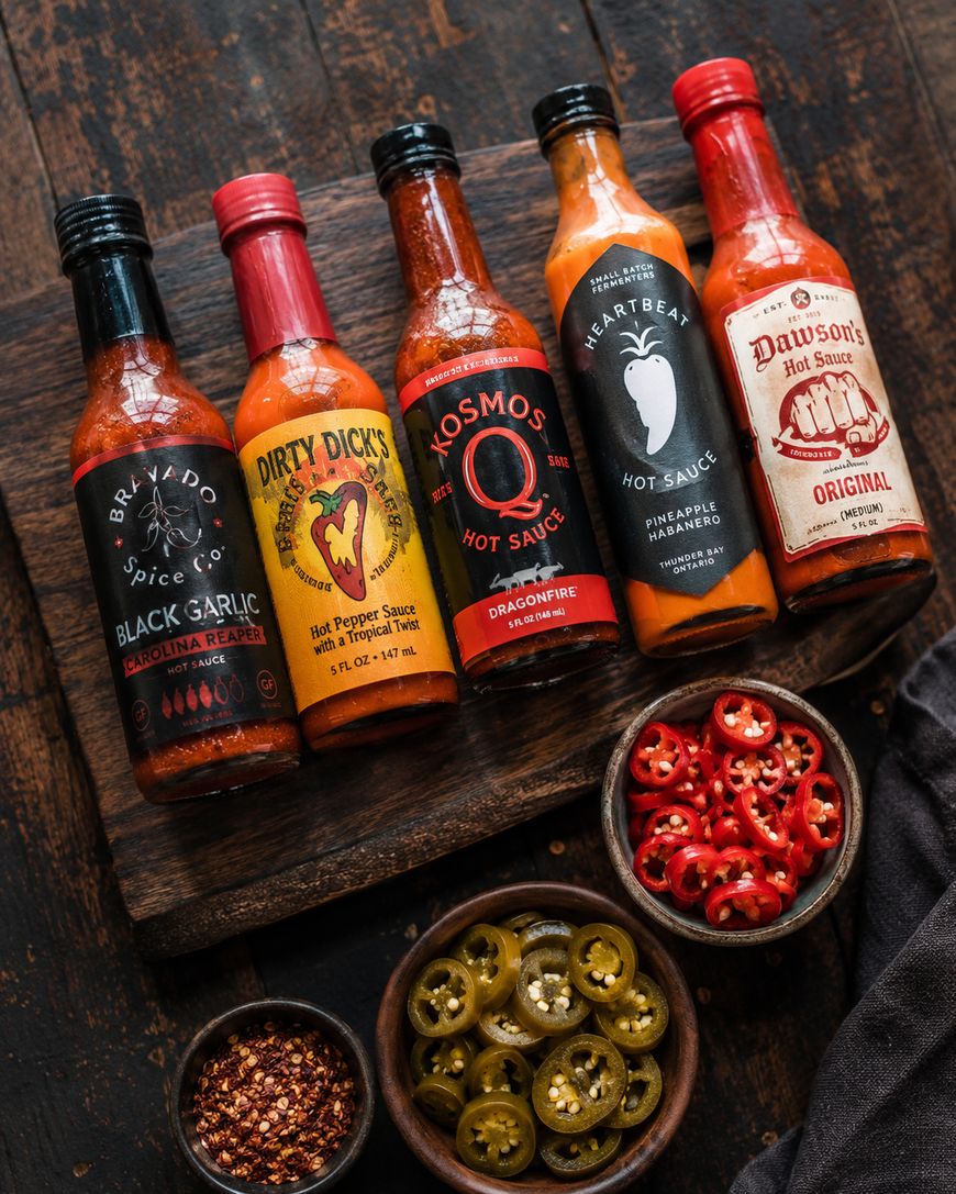 Five bottles of hot sauce are arranged on a dark wooden board, surrounded by small bowls containing sliced red and green jalapeños and crushed red pepper flakes on a rustic wooden table.