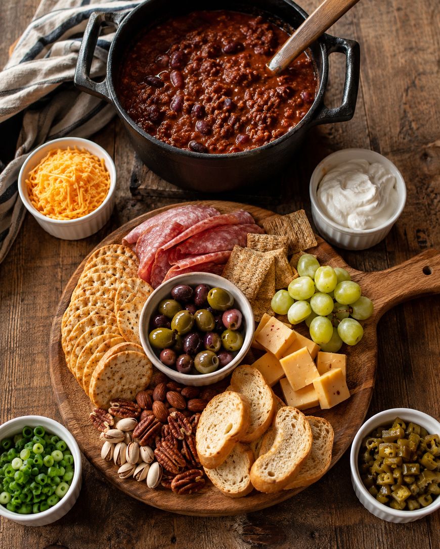 A wooden table with a pot of chili, and a charcuterie board featuring crackers, bread, cheese cubes, grapes, olives, salami, pecans, pistachios, plus bowls of shredded cheese, green onions, sour cream, and chopped jalapeños.