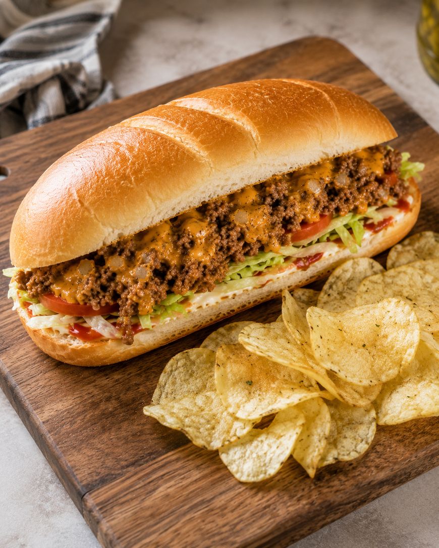 A sub sandwich filled with seasoned ground beef, shredded lettuce, tomato, and sauce is served on a wooden board with a side of potato chips.