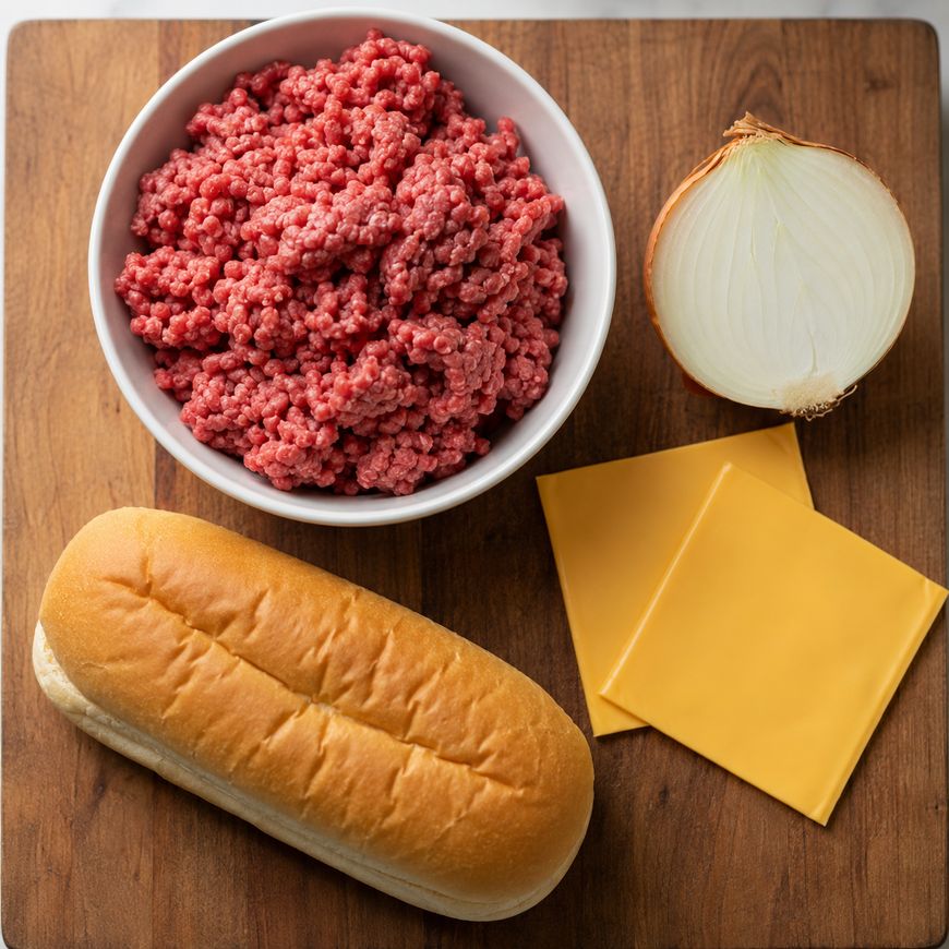A bowl of raw ground beef, a halved onion, two slices of cheddar cheese, and a hot dog bun arranged on a wooden cutting board.