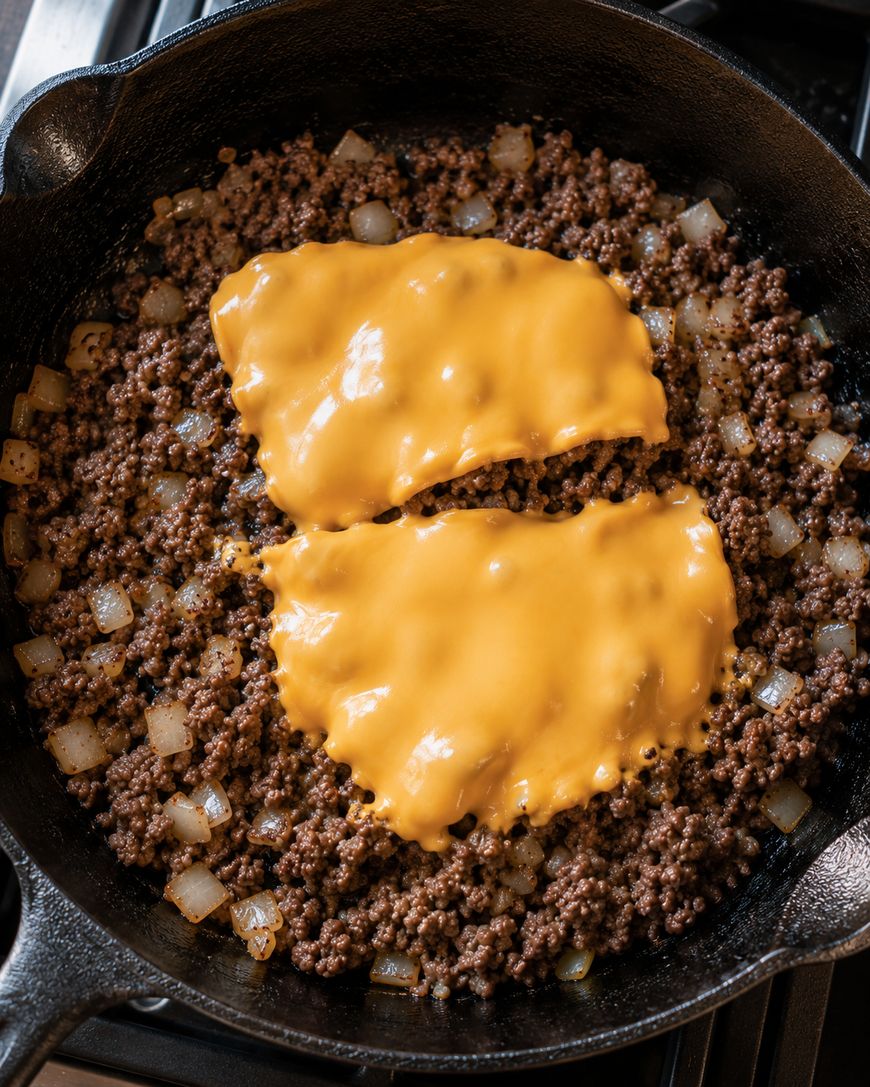 Ground beef and diced onions cooking in a cast iron skillet, topped with two slices of melted cheddar cheese.