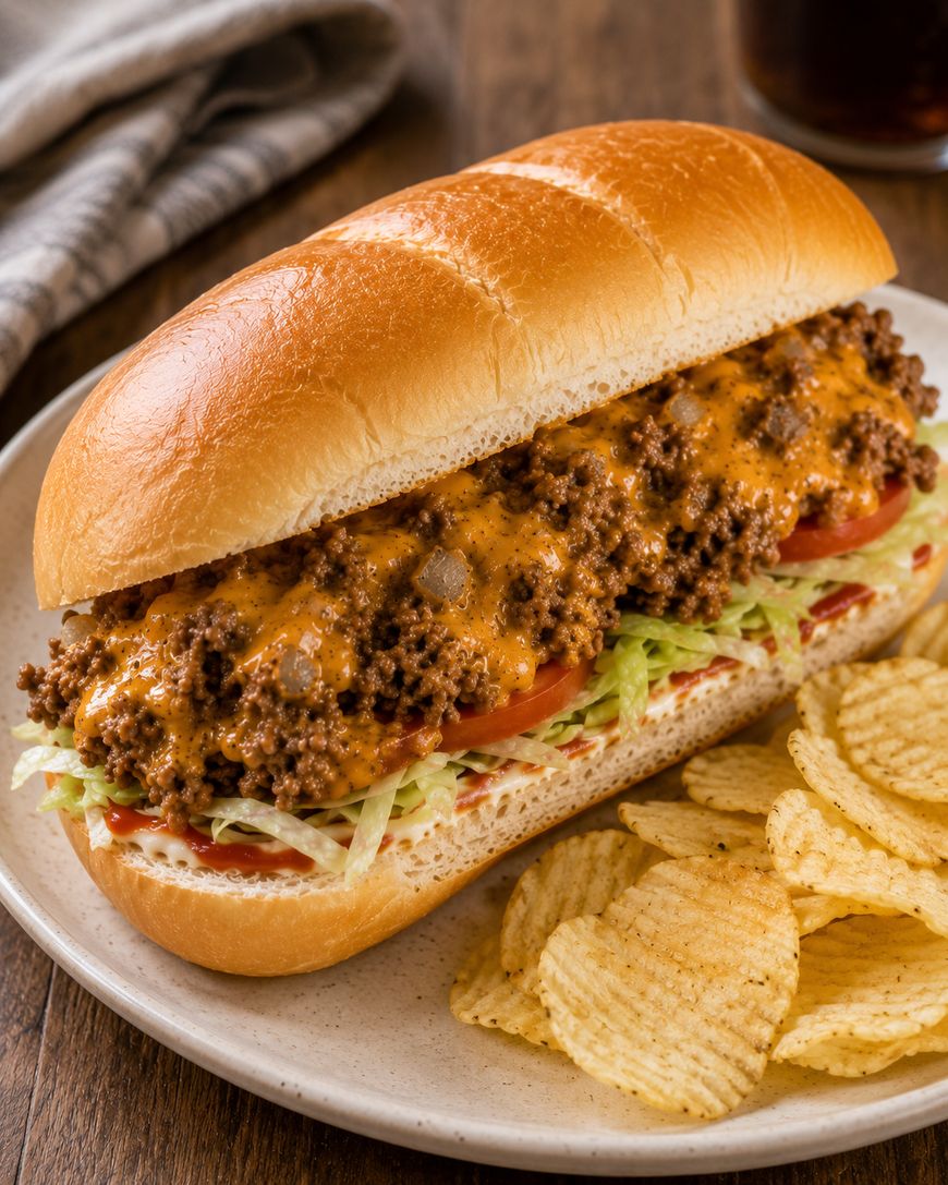 A sandwich on a white plate filled with ground beef, melted cheese, lettuce, tomato, and mayonnaise, served with a side of ridged potato chips on a wooden table.