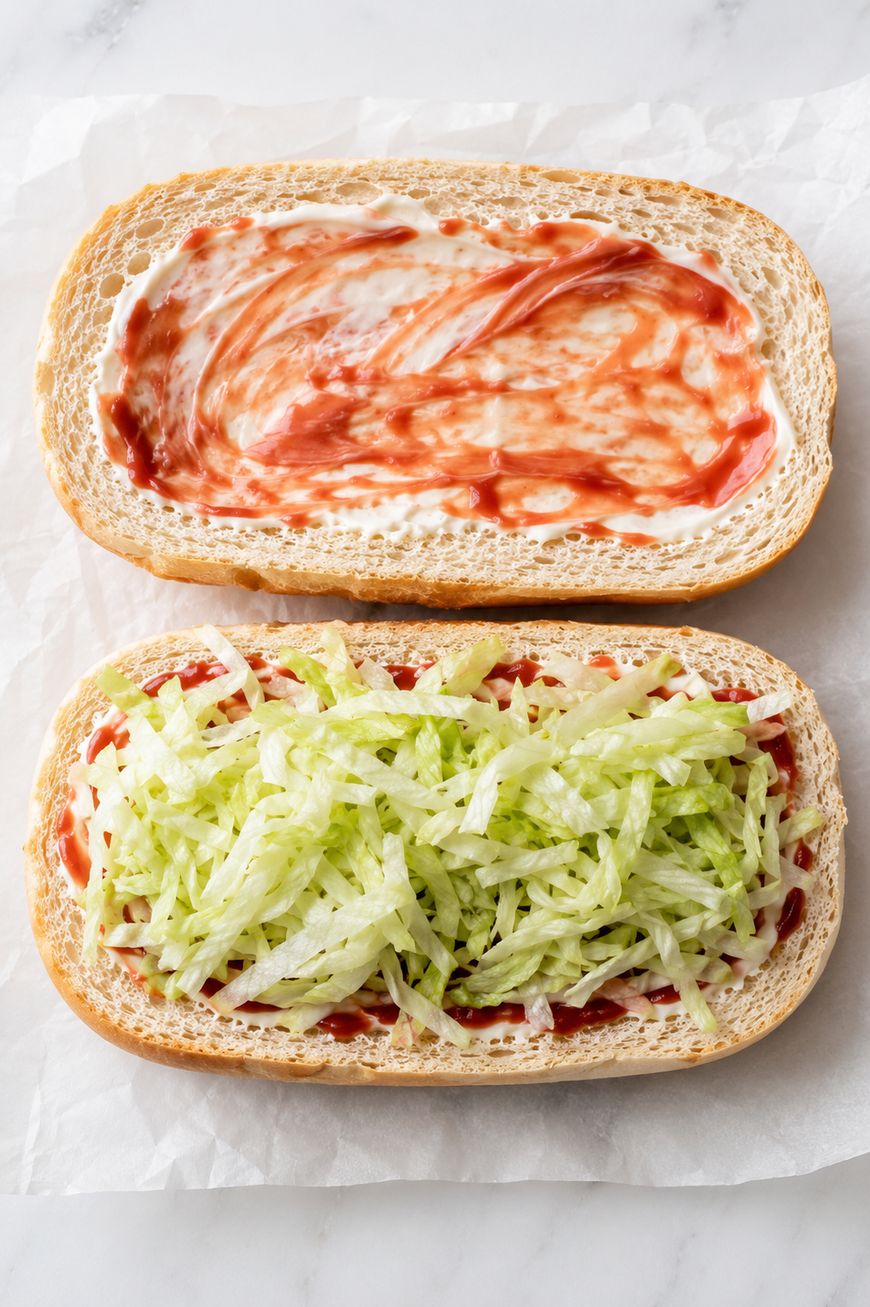 A sandwich roll split open on parchment paper; the top half is spread with mayonnaise and ketchup, while the bottom half is topped with shredded lettuce.