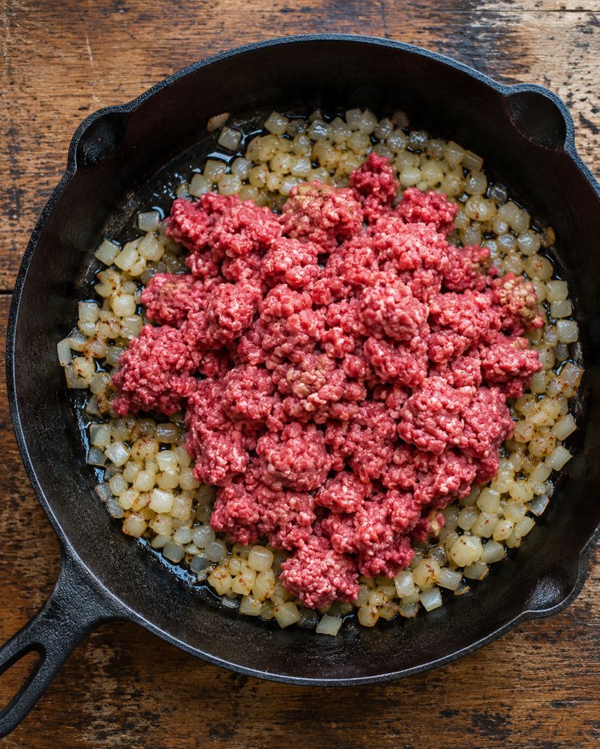 Ground beef is piled in the center of a cast iron skillet filled with sautéed diced onions, all on a wooden surface.