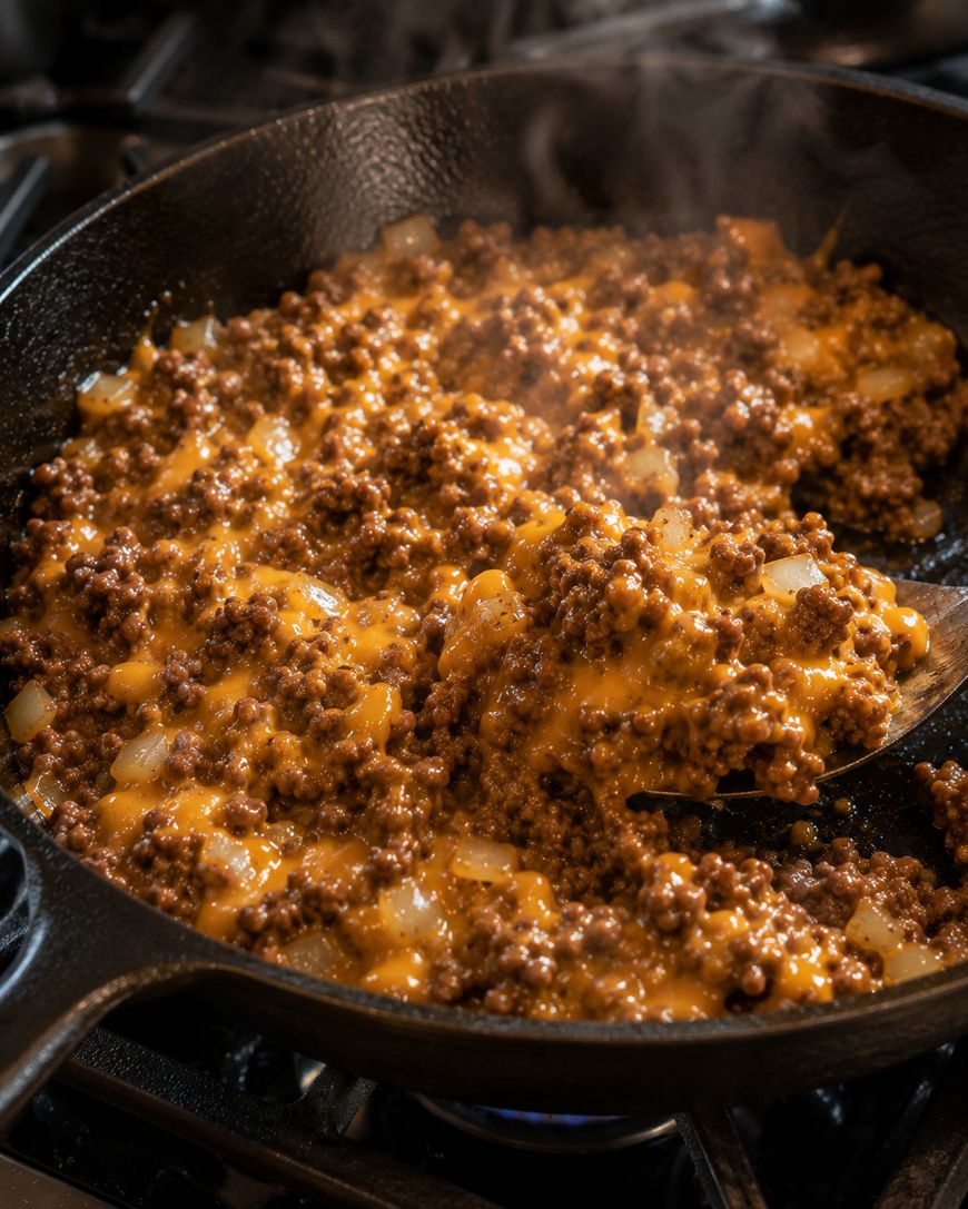 Ground beef, chopped onions, and melted cheese are being cooked together in a cast iron skillet on a stovetop, with steam rising from the hot mixture.