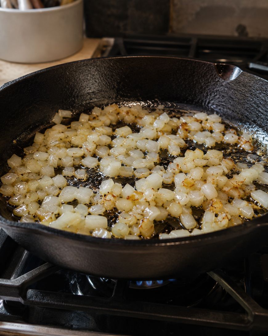 Chopped onions sautéing and turning golden brown in a black cast iron skillet on a stove.