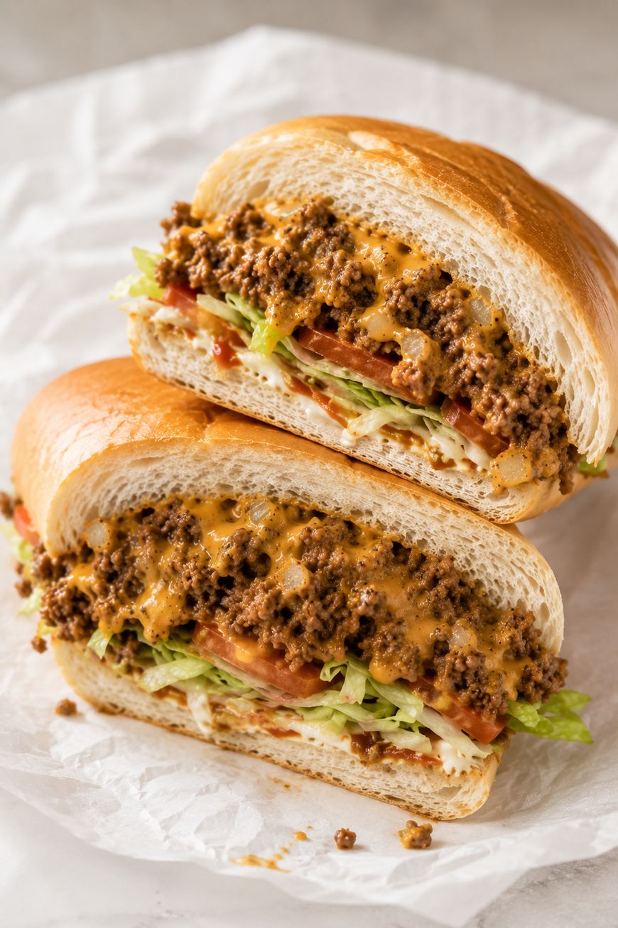 A sandwich cut in half, filled with ground beef, shredded lettuce, tomato slices, and melted cheese on a soft bun, placed on white parchment paper.
