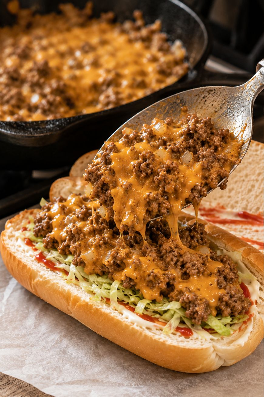 A spoonful of cheesy ground beef is being placed onto a sandwich bun filled with shredded lettuce, mayonnaise, and ketchup, with a skillet of the meat mixture in the background.