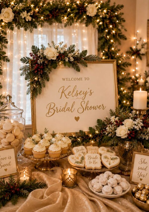 A bridal shower dessert table decorated with white flowers, greenery, and lights offers sweet inspiration for unique Bridal Shower Ideas. A sign reads Welcome to Kelseys Bridal Shower. Sweets, cupcakes, cookies, and framed quotes sit on a gold cloth.