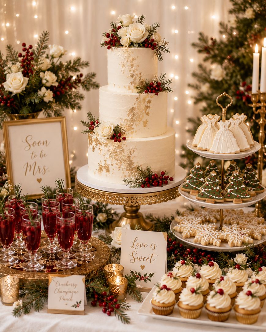 Elegant holiday-themed dessert table with a three-tier white and gold cake topped with flowers and berries, surrounded by cupcakes, decorated cookies, drinks, candles, and festive greenery with twinkle lights in the background.