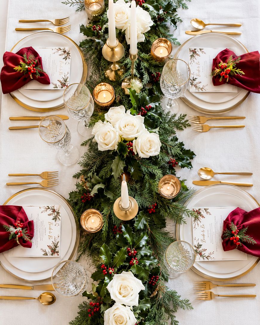 Elegant holiday table setting with white plates, gold cutlery, red napkins with greenery, crystal glasses, and a centerpiece of white roses, greenery, holly, and gold candles on a white tablecloth.