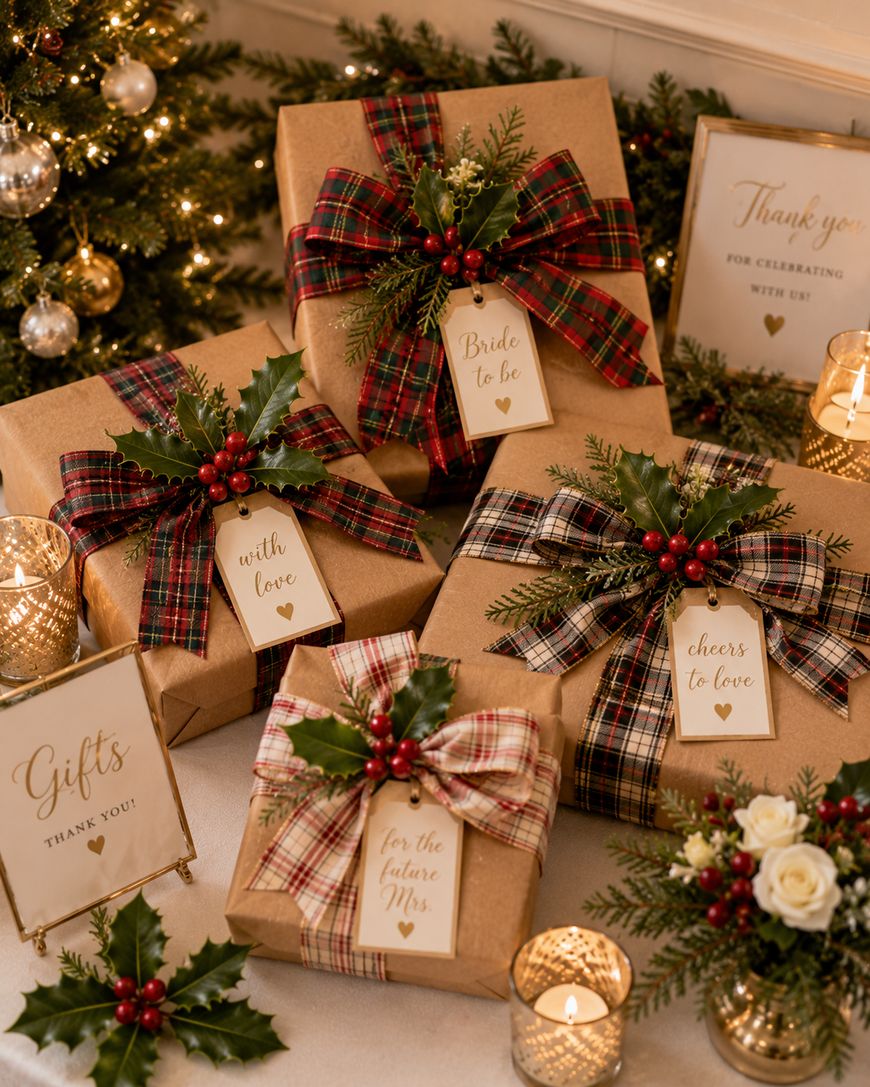 Five holiday gifts wrapped in brown paper and plaid ribbons are arranged under a decorated Christmas tree. Gift tags read phrases like “Bride to be” and “cheers to love.” Festive greenery, candles, and signs complete the scene.