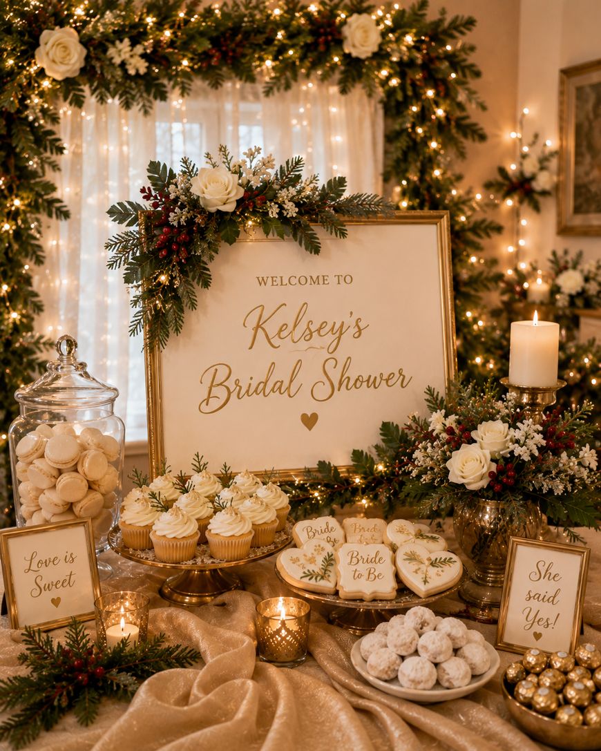 A beautifully decorated bridal shower dessert table with cupcakes, cookies, pastries, and floral arrangements. A sign reads “Welcome to Kelsey’s Bridal Shower” with gold and white accents and twinkling string lights.
