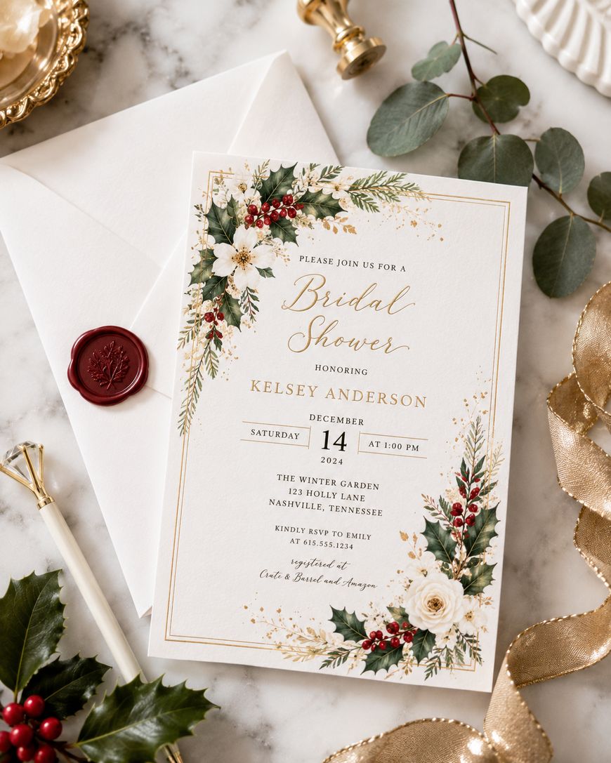 A bridal shower invitation with floral and gold accents rests on an envelope with a red wax seal, surrounded by ribbon, holly, gold decor, a pen, and greenery on a white surface.