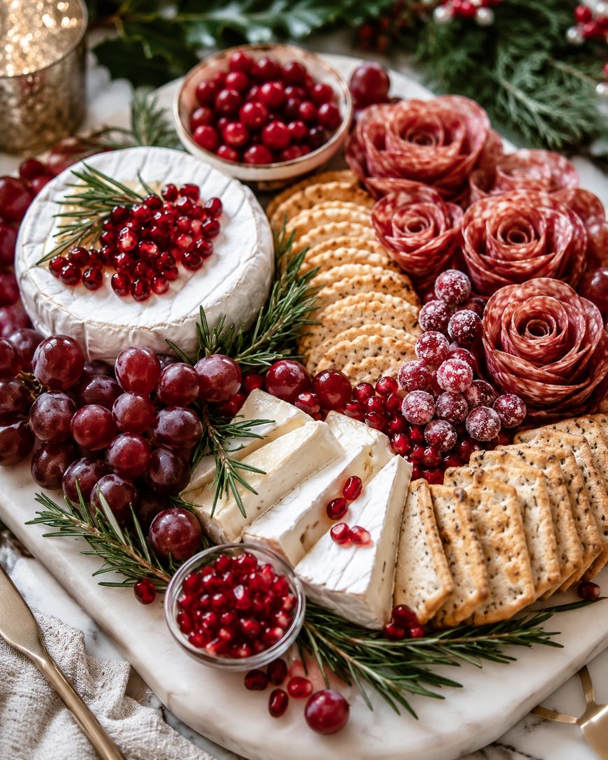 A festive charcuterie board with brie cheese topped with pomegranate seeds, crackers, red grapes, salami arranged as roses, sugared cranberries, pomegranate seeds in a bowl, and sprigs of rosemary for garnish.