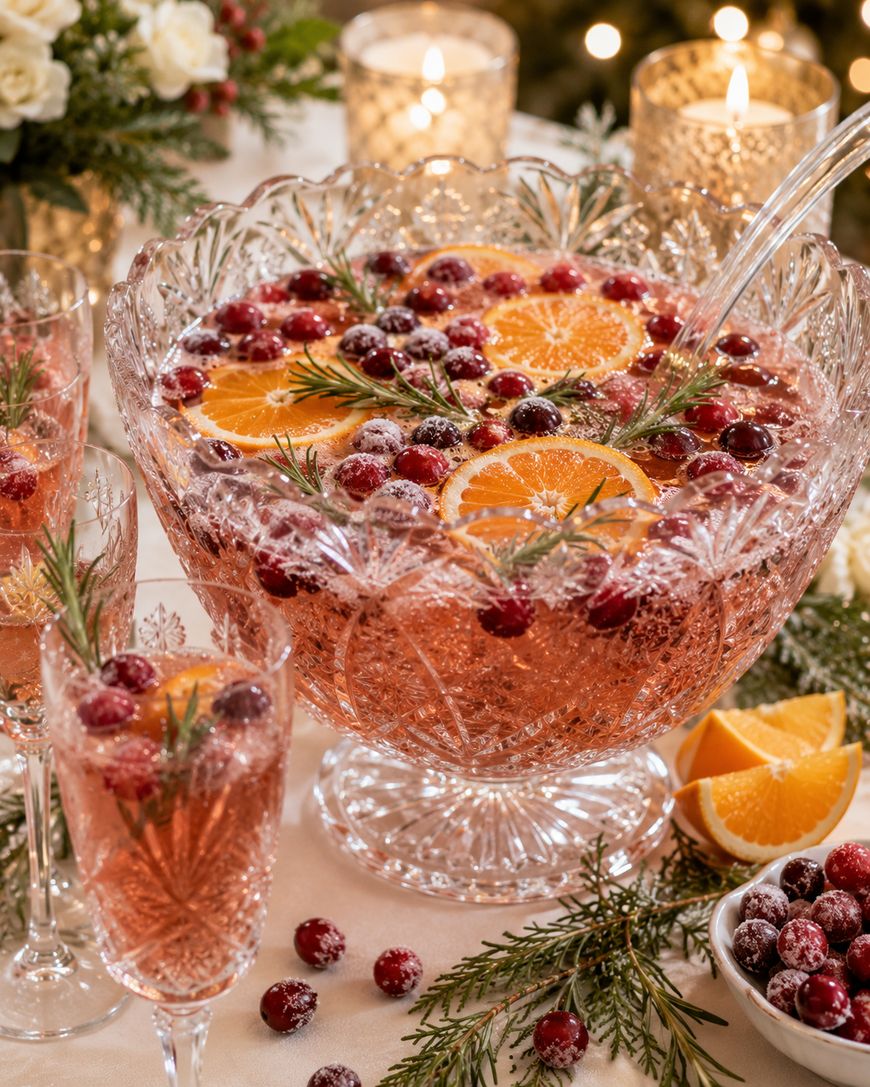 A festive punch bowl filled with pink sparkling drink, garnished with orange slices, cranberries, and rosemary, surrounded by punch glasses, candles, and greenery on a decorated table.