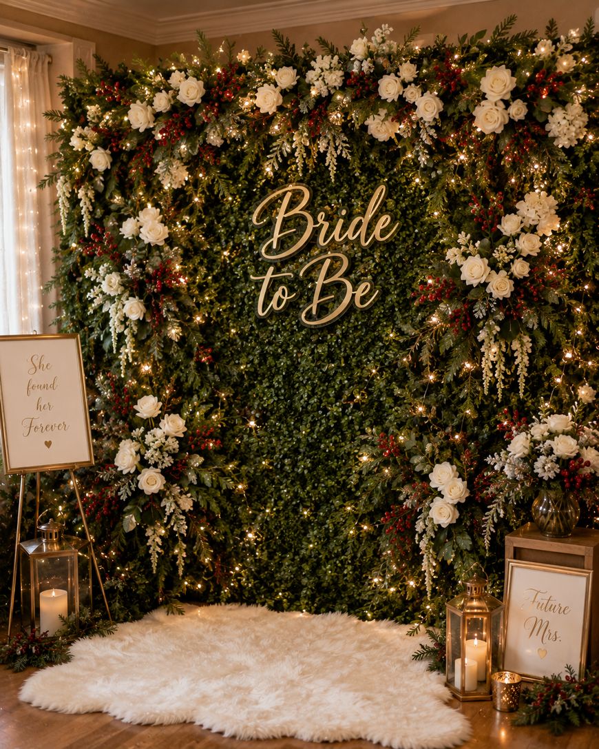 A lush green floral wall with white and red flowers, twinkling lights, and a neon Bride to Be sign. Decorative signs, candles, and a white rug adorn the cozy celebration setup.