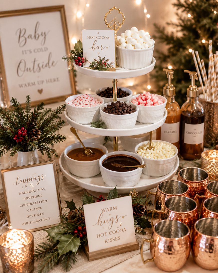 A festive hot cocoa bar display with toppings like marshmallows, chocolate chips, peppermint, sauces, copper mugs, and holiday signs, set among Christmas lights, greenery, and holiday décor.