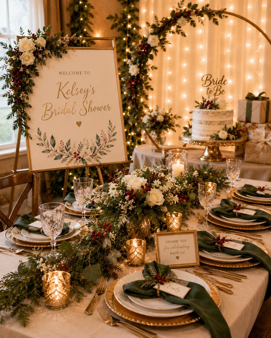 A beautifully decorated bridal shower table with elegant place settings, green napkins, candles, white flowers, and greenery. A sign reads “Kelsey’s Bridal Shower.” A cake and “Bride to Be” sign are in the background.