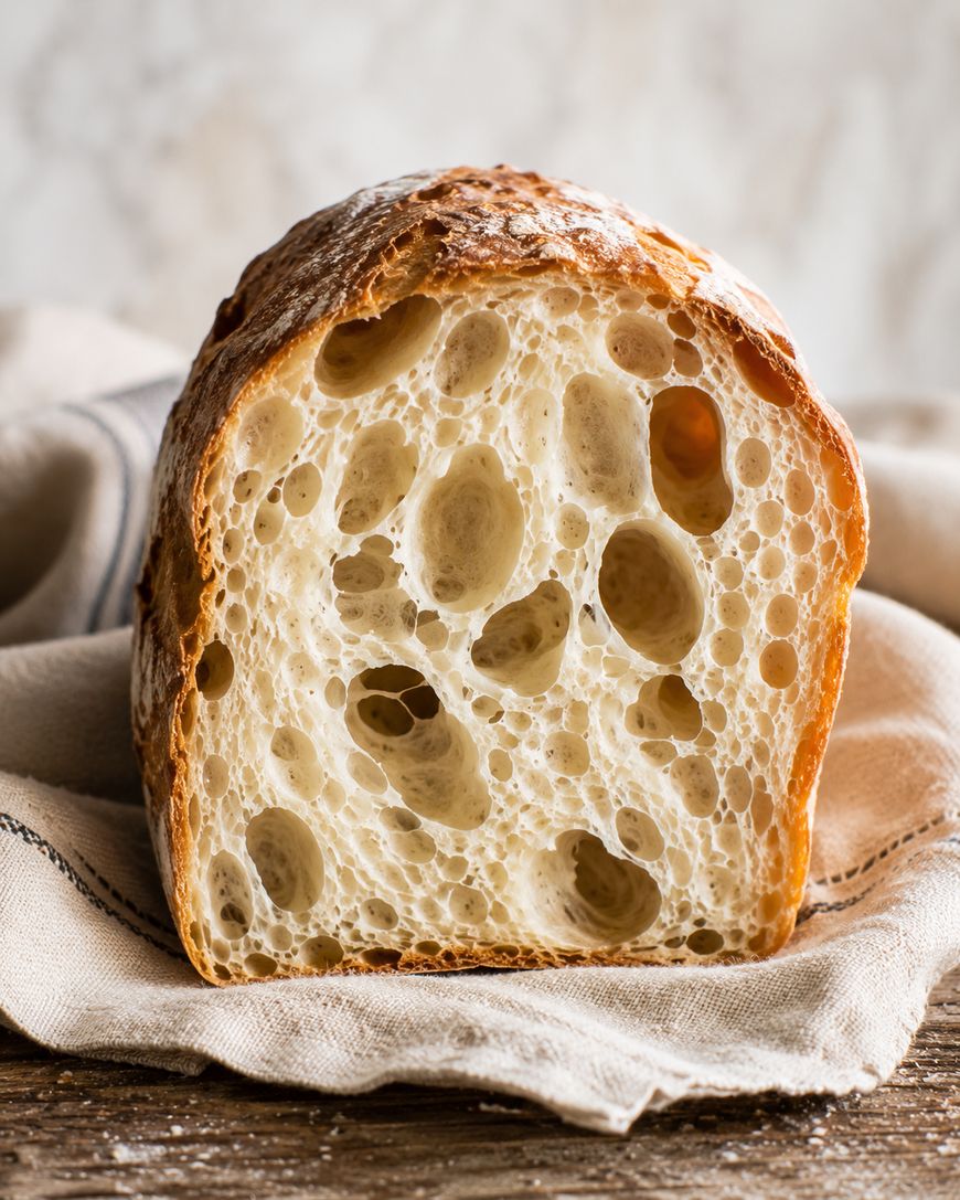 A close-up of a sliced loaf of rustic sourdough bread, revealing a golden-brown crust and an airy, open crumb with large holes, resting on a beige cloth atop a wooden surface.