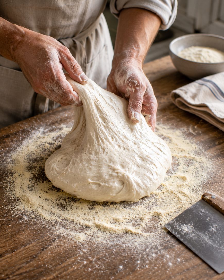 A person in a beige apron stretches a sticky ball of bread dough on a floured wooden surface, with a bowl of flour, a cloth, and a metal dough scraper nearby.